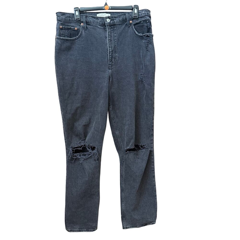 Abercrombie & Fitch 90s Straight Ultra High Rise Black Distressed Jeans Sz 14 32